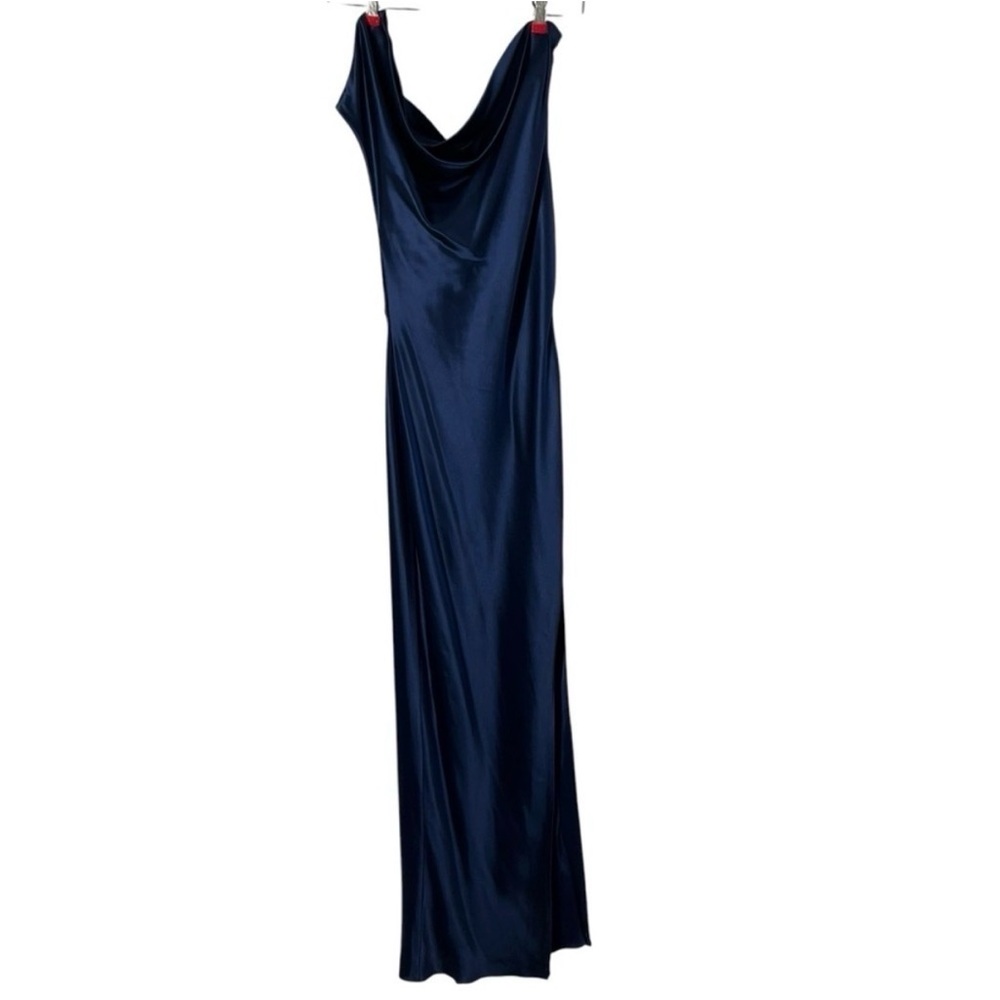 NWOT Unaltered NICHOLAS Eartha Draped Dark Ink Navy Satin Gown - Picture 3 of 11